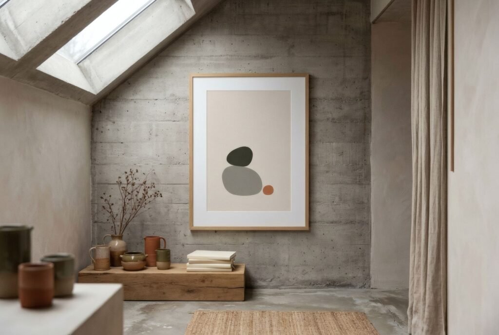 Interior de hormigón con huella de encofrado, claraboya y una lámina grande de formas geométricas en carbón y ocre