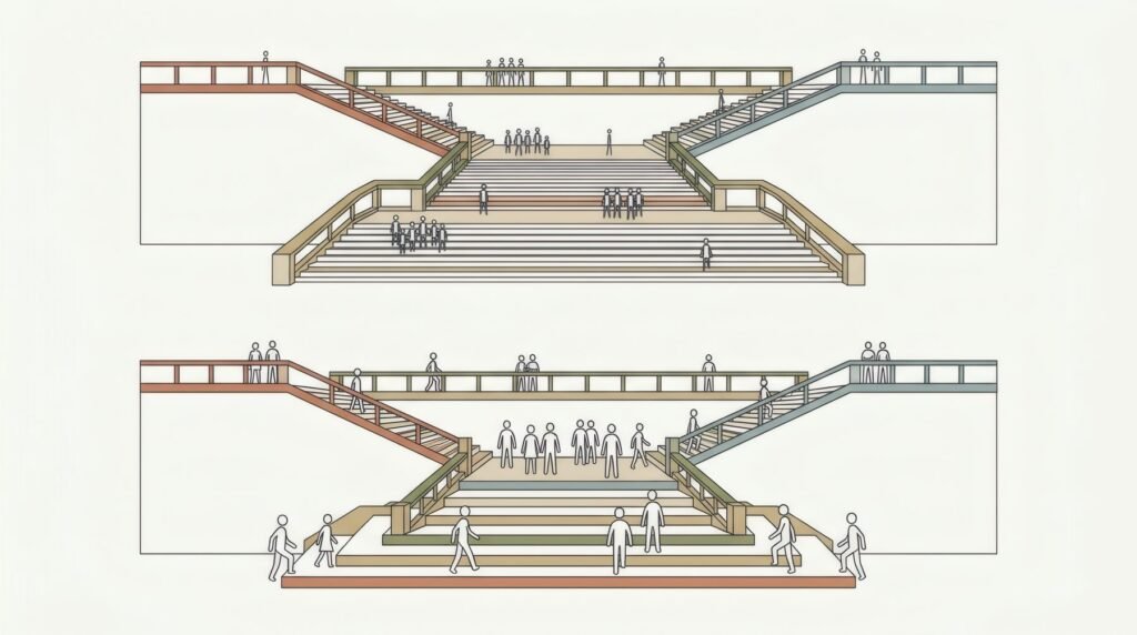 La misma escalera monumental dibujada dos veces, con figuras diminutas y con figuras grandes