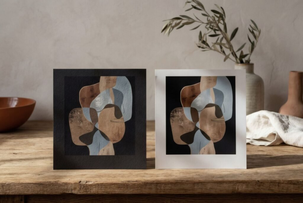 La misma imagen abstracta impresa en papel mate y en satinado, lado a lado sobre una mesa con luz rasante; el satinado brilla