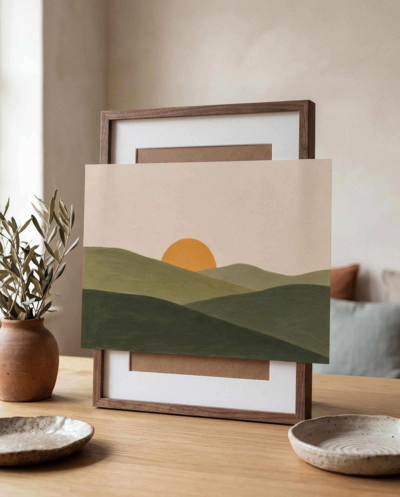 Lámina A3 que sobresale de la abertura de un marco de 30x40 sobre una mesa