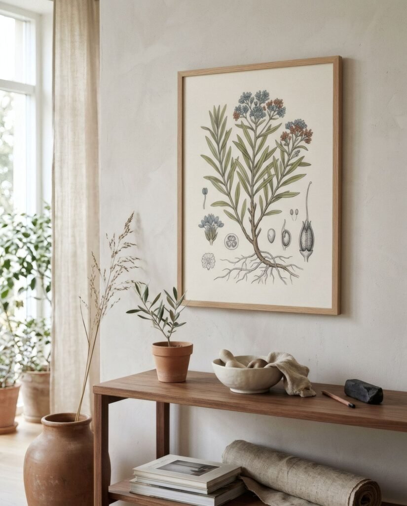 Lámina botánica de estilo científico con una planta inventada, dibujo detallado sobre fondo claro