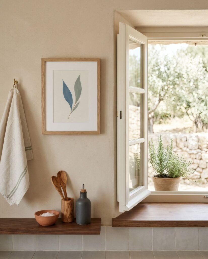 Lámina botánica pequeña junto a una ventana de cocina abierta, con luz natural
