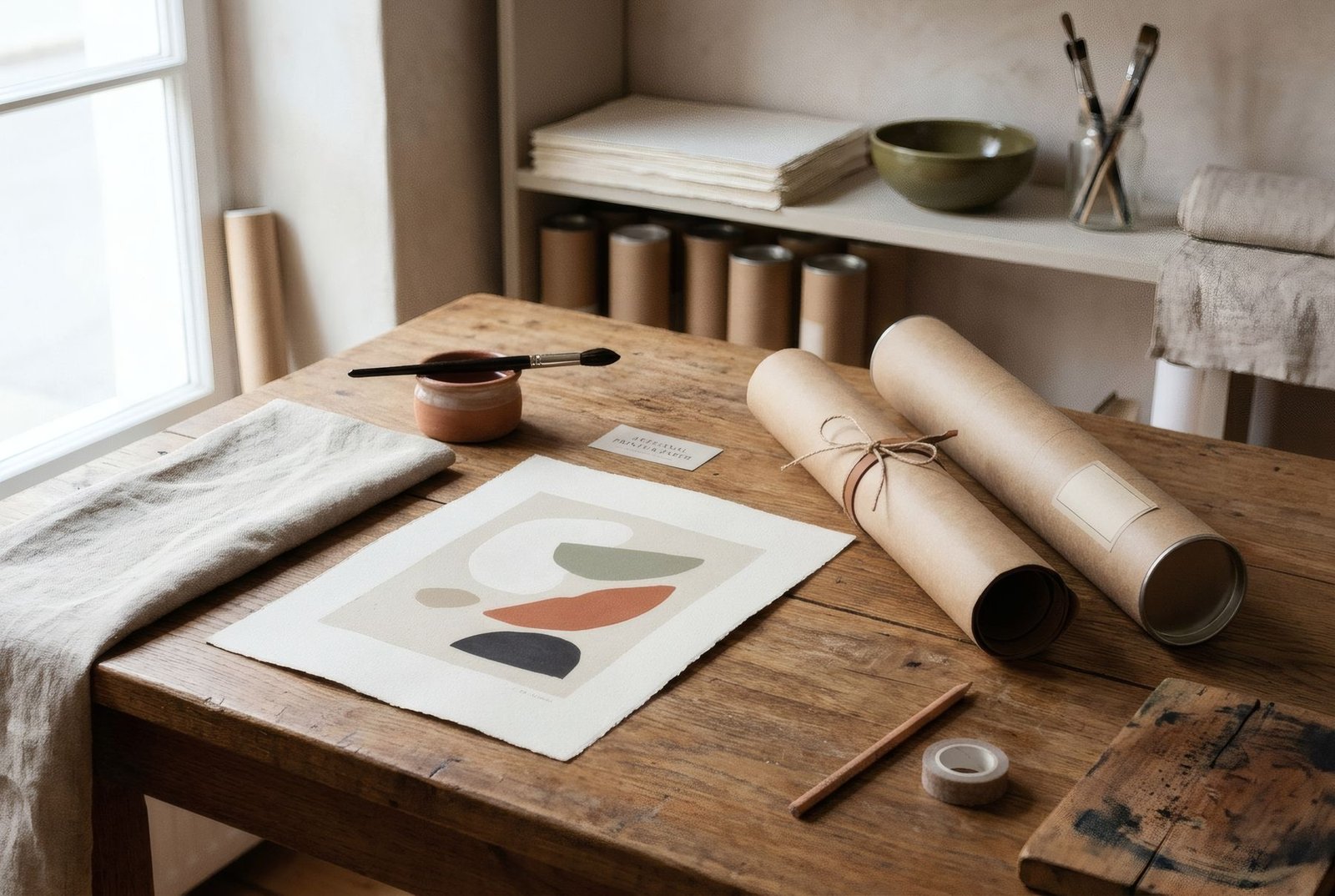 Lámina de arte sobre una mesa de trabajo junto a un póster enrollado y un tubo