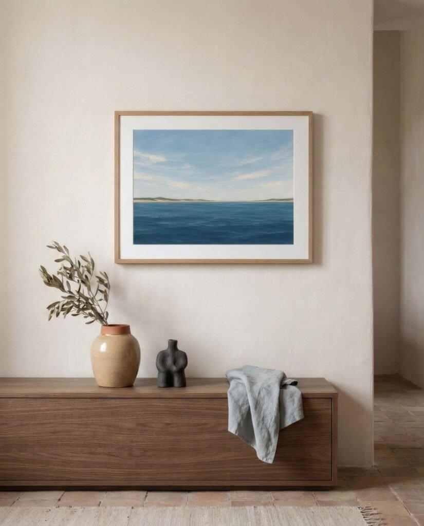 Lámina decorativa contemplativa de un paisaje atlántico en calma, enmarcada en una pared clara