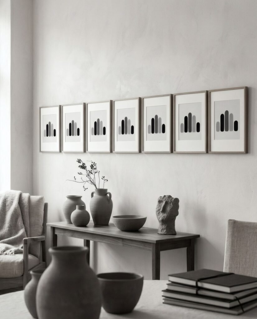 Lámina en blanco y negro de alto contraste, con negros profundos, en marco sobre pared clara