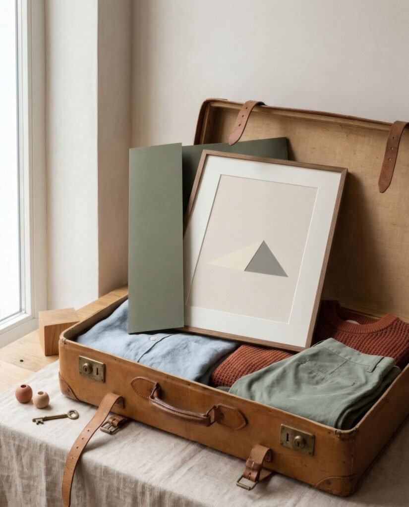 Print in a stiff folder packed in an open suitcase among folded clothes