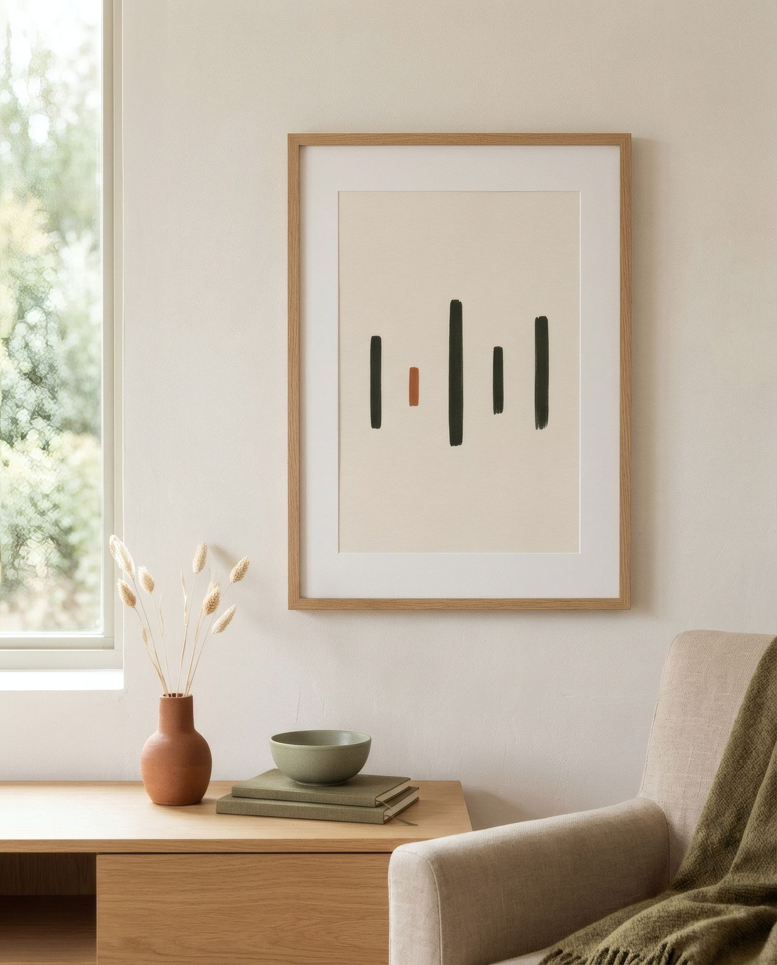Lámina geométrica contemporánea de inspiración De Stijl, con líneas y planos cálidos, en una casa