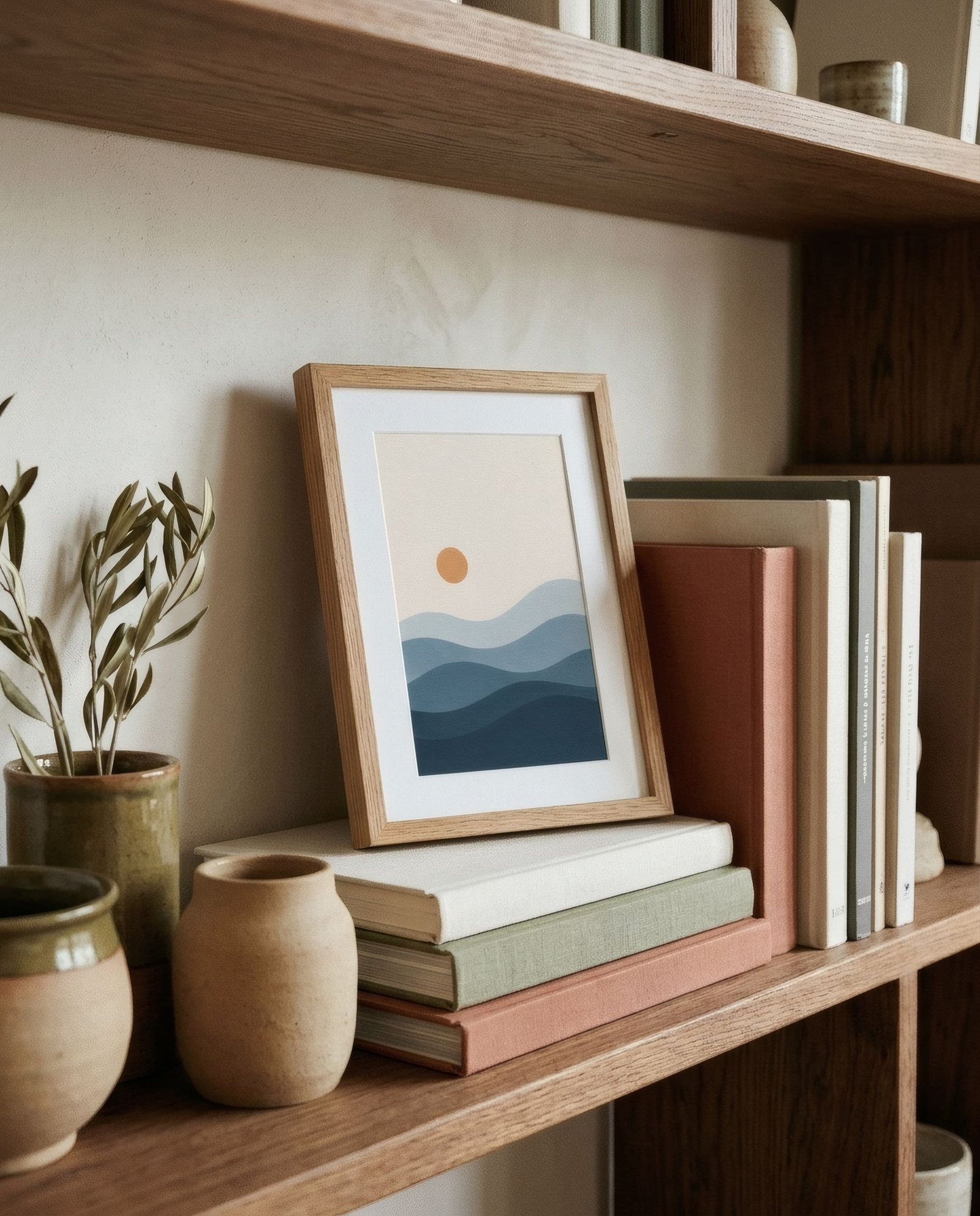 Small framed print propped among books on a bookshelf