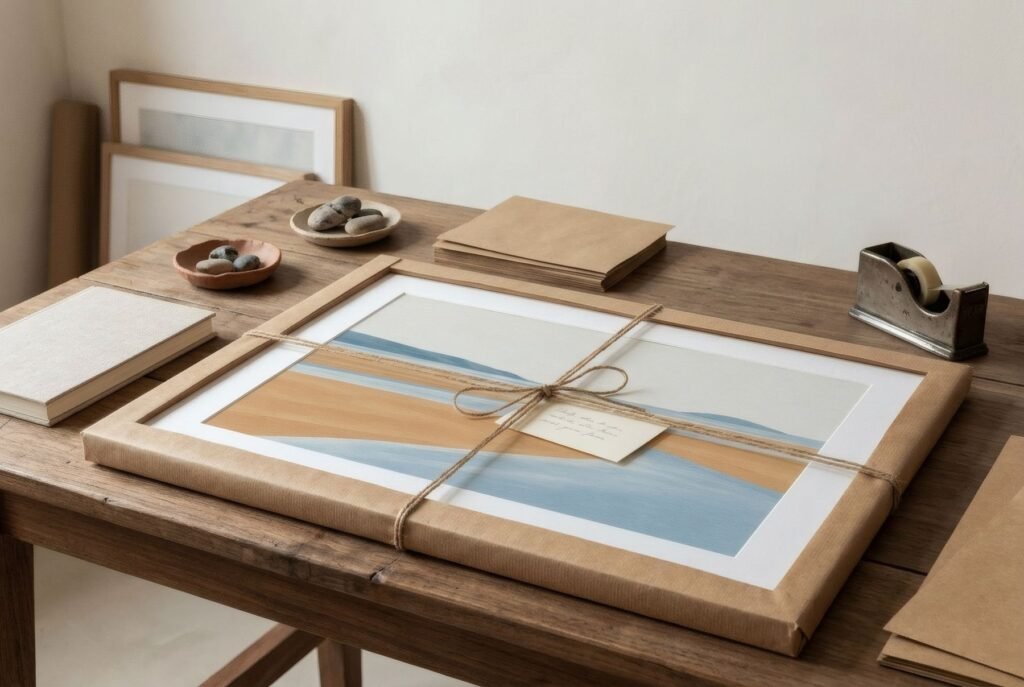 Flat print wrapped in kraft paper with twine and a small handwritten card
