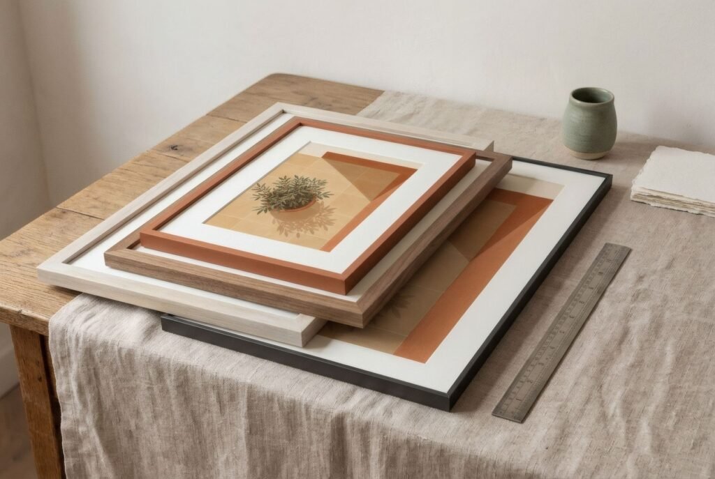 Láminas de varios tamaños superpuestas sobre una mesa junto a una regla metálica