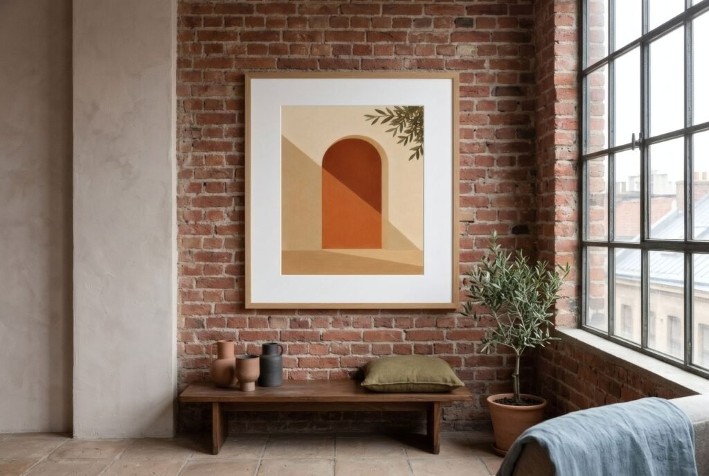 Loft con pared de ladrillo visto, lámina grande en tonos tierra con paspartú ancho en marco de roble y ventanales de acero