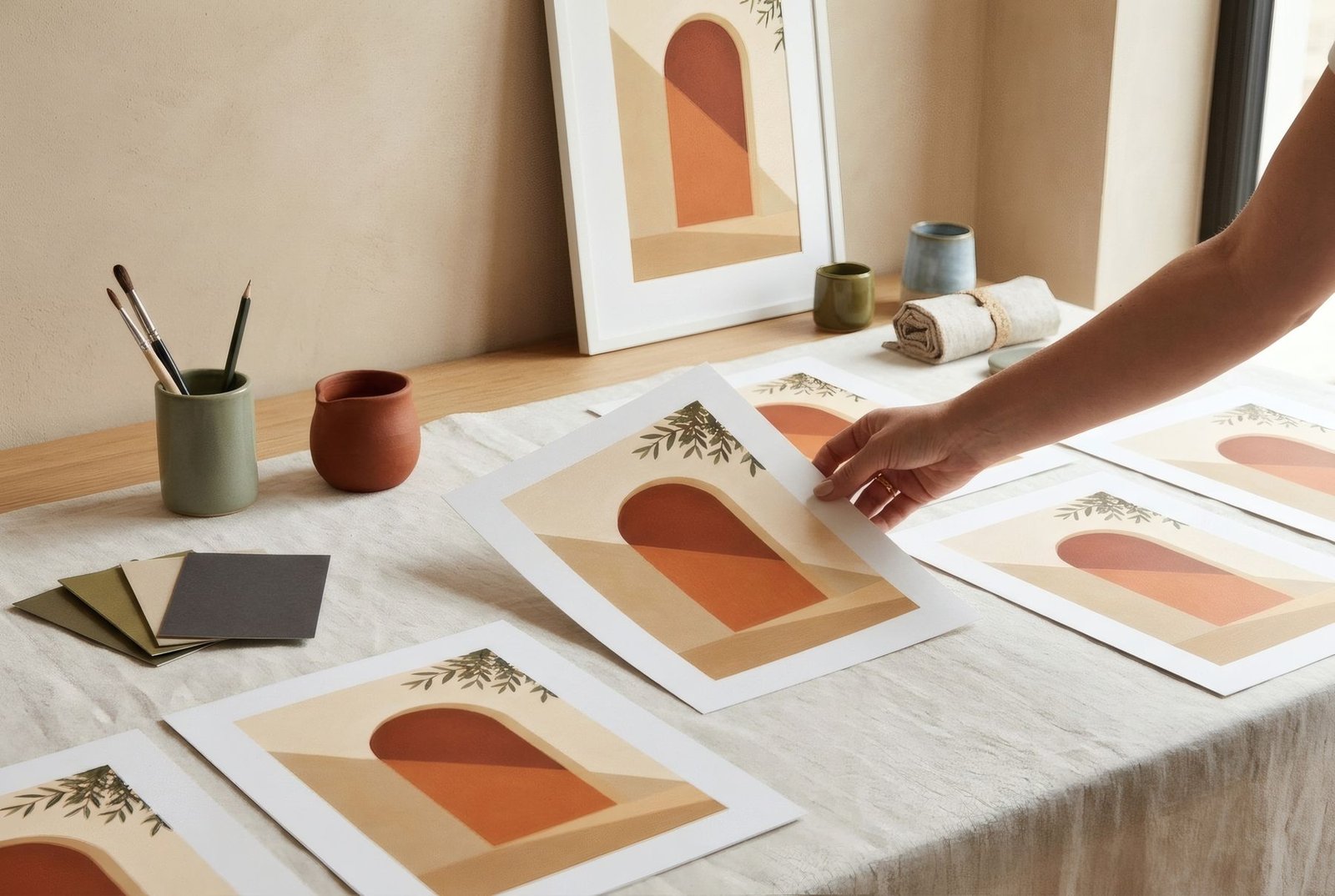 Mano eligiendo una lámina entre varias extendidas sobre una mesa