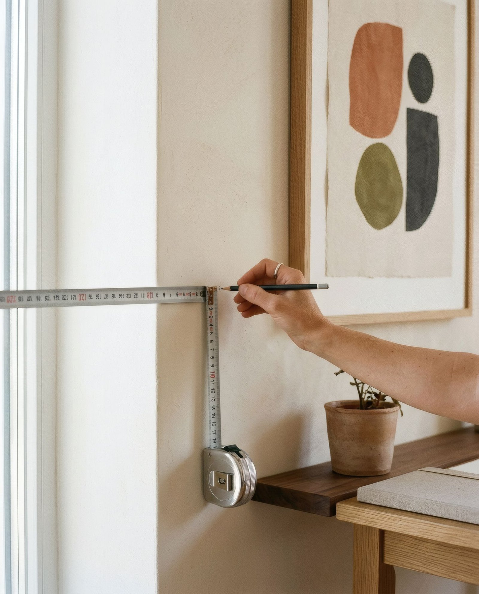 Mano que marca con lápiz la posición de un clavo en la pared, con una cinta métrica a la vista