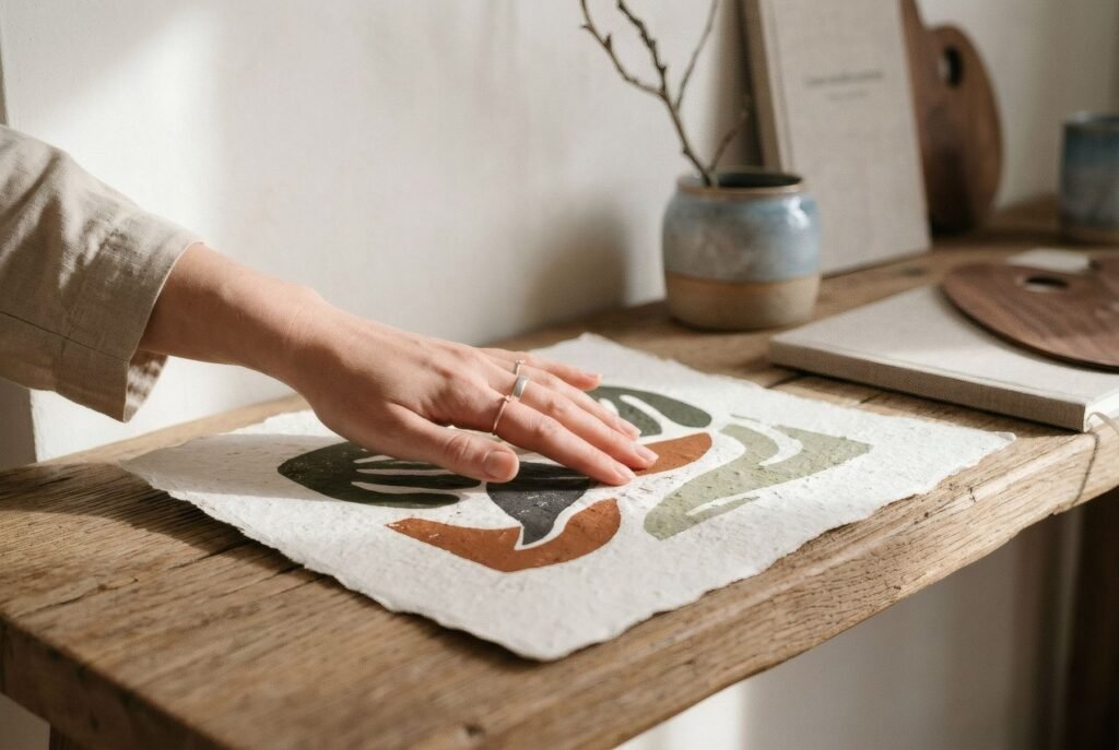 Mano rozando con suavidad la superficie de una lámina con textura, con luz lateral rasante
