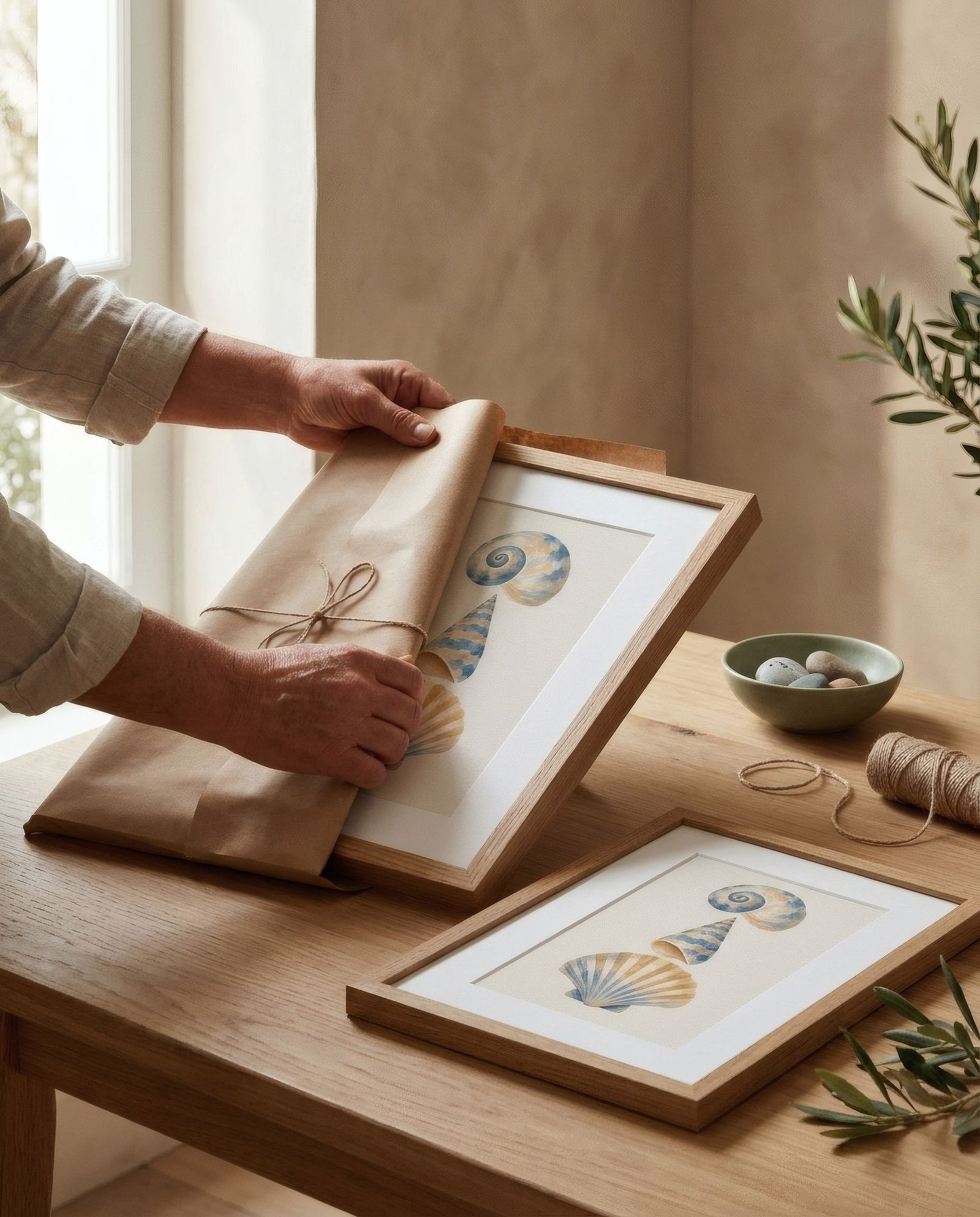 Hands unwrapping a gifted print on a wooden table