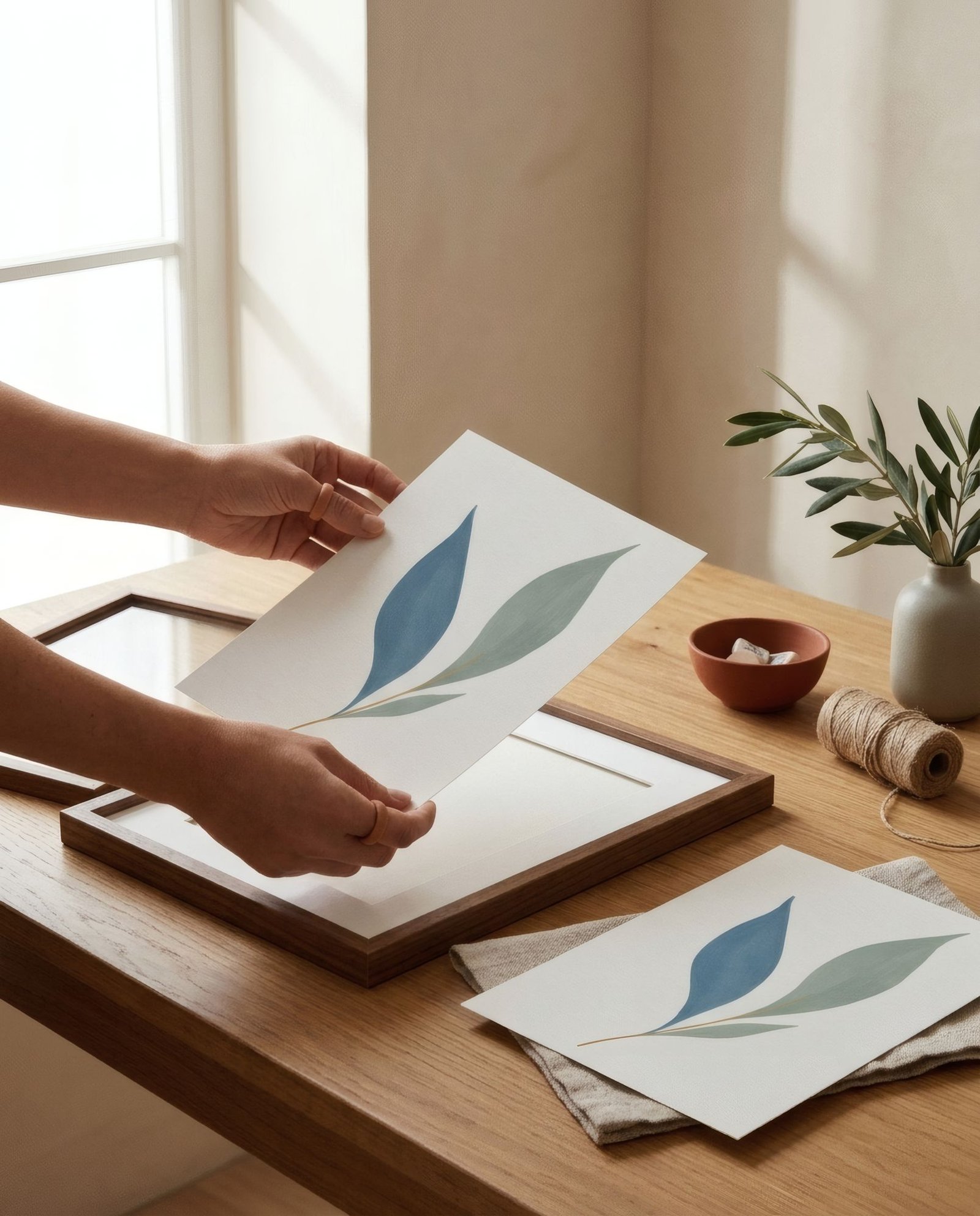 Hands on a table swapping one print for another inside the same open standard frame
