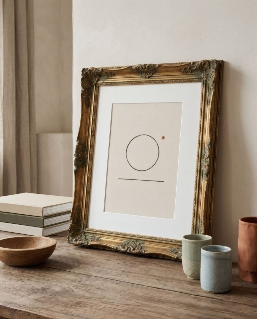Marco dorado antiguo de mercadillo con una lámina minimalista contemporánea dentro