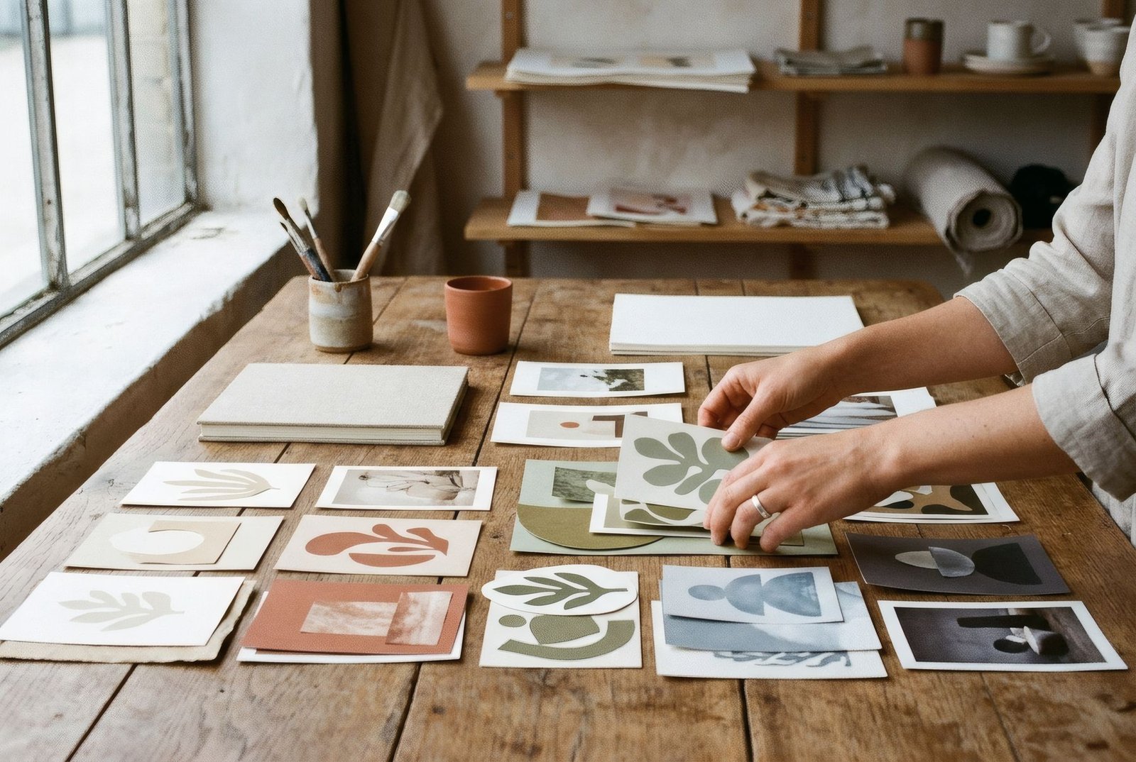 Mesa con postales, recortes e impresiones de fotos extendidos, y manos ordenándolos por colores