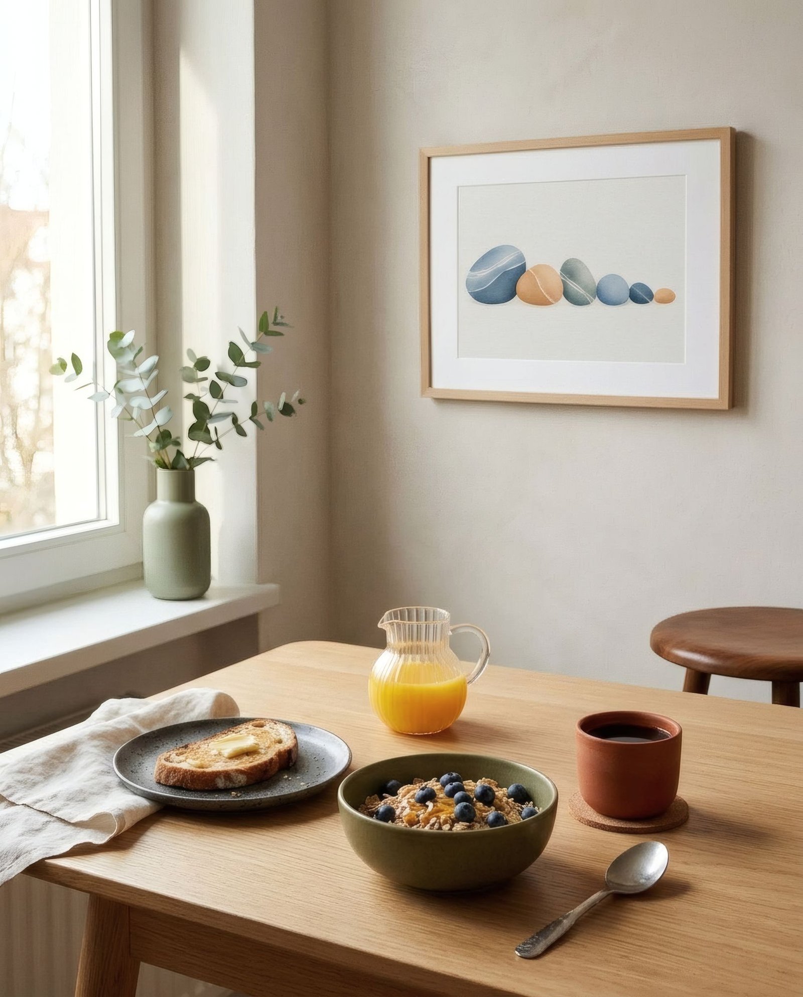 Mesa de cocina preparada para el desayuno con luz de mañana y una lámina de colores vivos en la pared