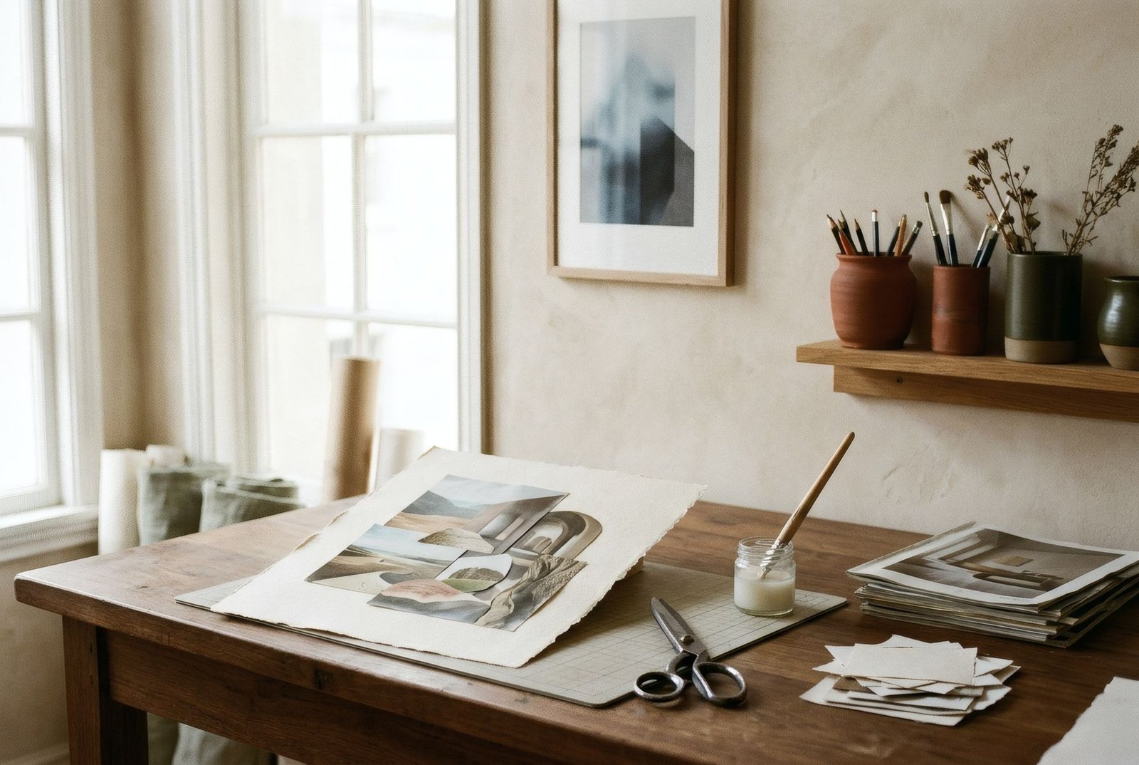Mesa de trabajo con tijeras, cola y recortes de revistas antiguas para un fotomontaje a medio hacer