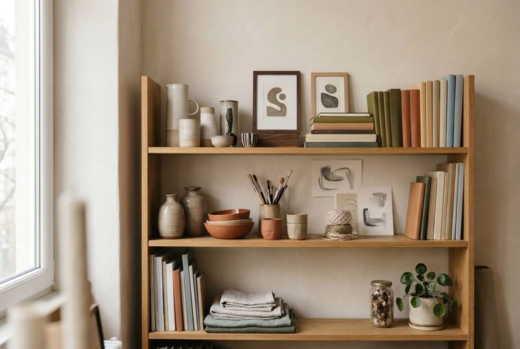 Same shelf balanced after removing objects, with gaps between the pieces
