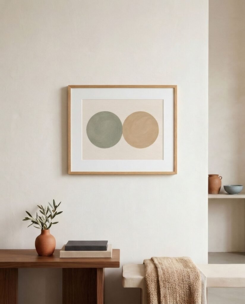 Misma pared con una obra de tamaño proporcionado, que llena bien el espacio