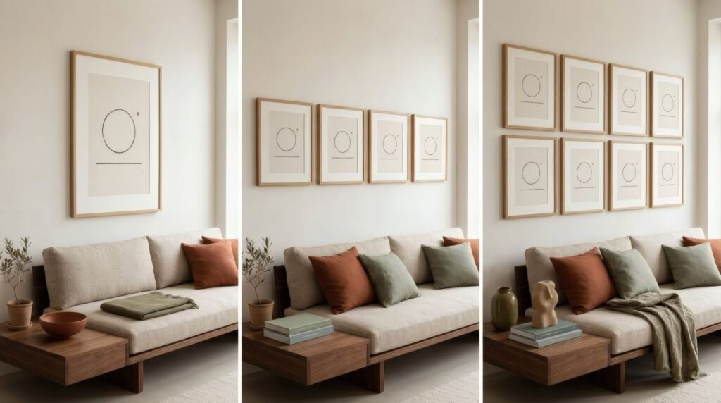 Same wall above the sofa in three stages: one anchor piece, four pieces and eight, on the same baseline