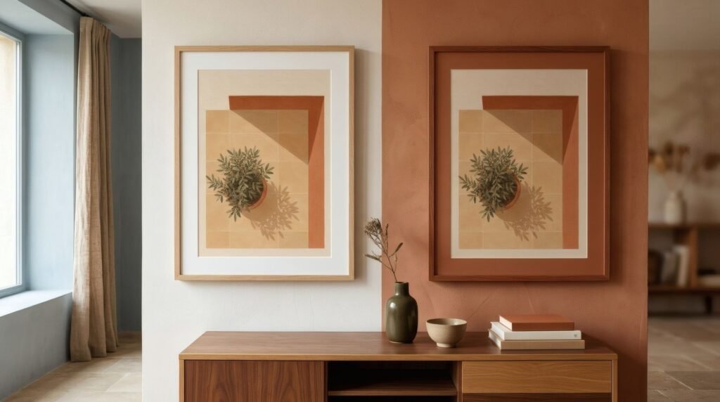 Misma pared terracota con dos láminas: a la izquierda una clara con paspartú blanco, a la derecha una tonal