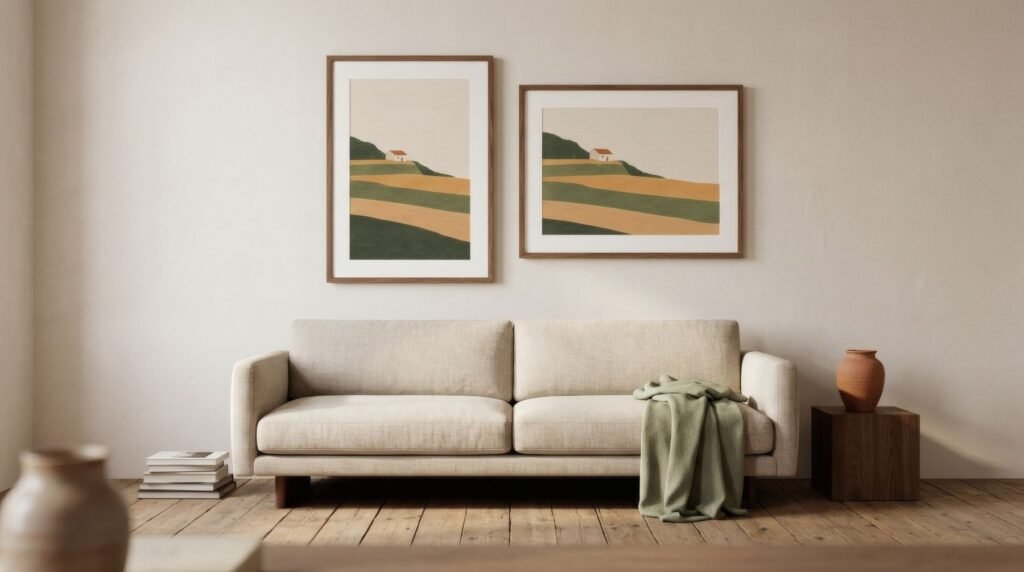 Misma pared y sofá con una lámina de 50x70 colgada en vertical a un lado y en horizontal al otro