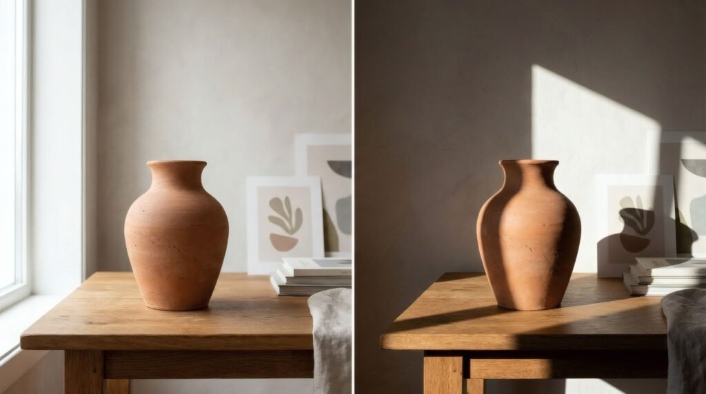 Mismo jarrón de cerámica sobre una mesa: con luz dura y sombra nítida, y con luz suave de ventana y sombra difusa
