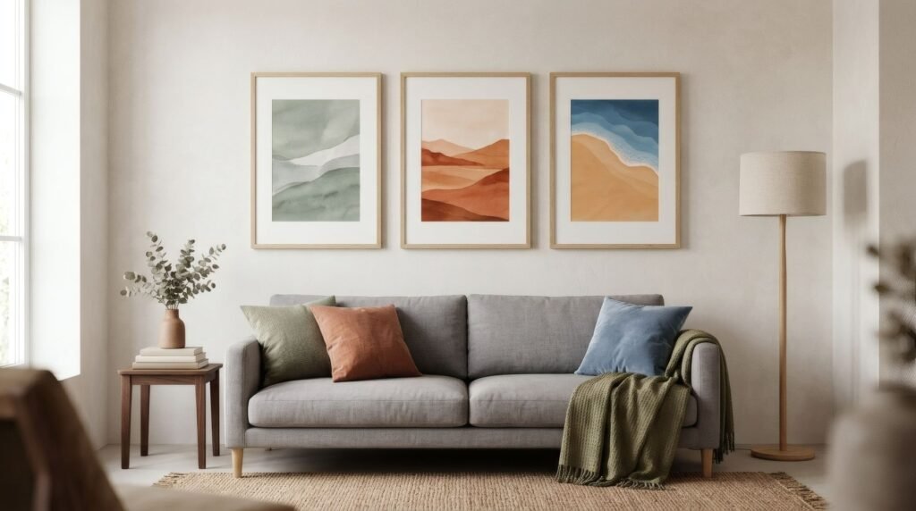 Same living room and grey sofa three times with a different print: sage abstract, terracotta landscape, blue and sand coast