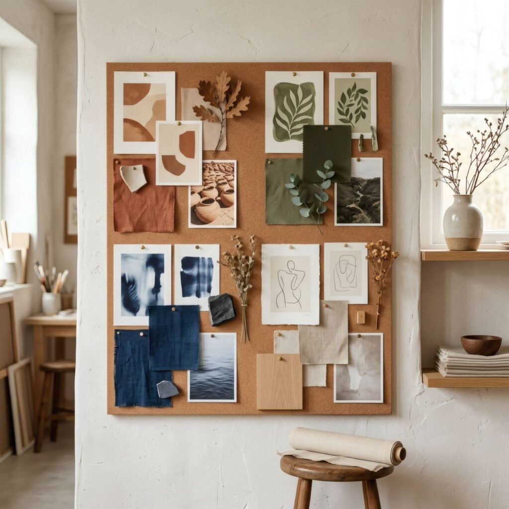 Moodboard de imágenes agrupadas por color y sujetas con chinchetas sobre corcho