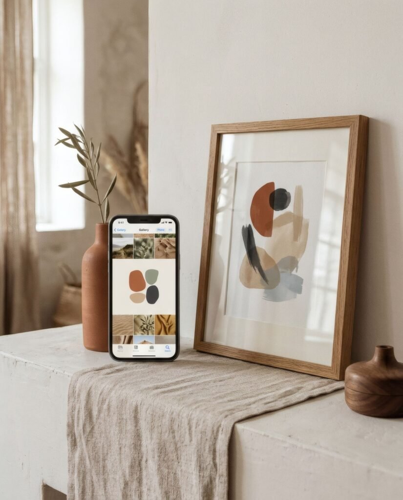 Móvil con una galería de fotos junto a una fotografía impresa y enmarcada