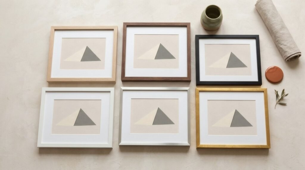 Muestras de esquinas de marco dispuestas en plano: madera clara, nogal, negro, blanco, aluminio y dorado
