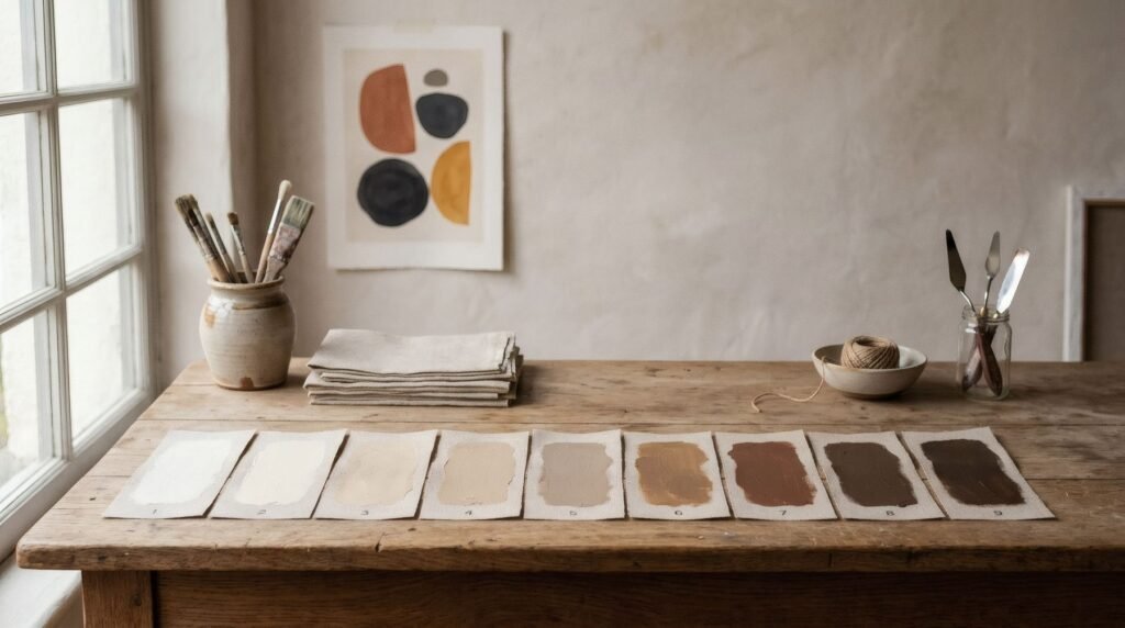 Paint swatches arranged from the lightest bone beige to the darkest tobacco brown