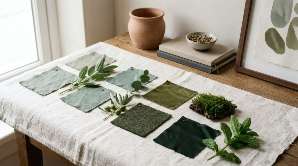 Muestras de verdes junto a objetos naturales: salvia, eucalipto, oliva, musgo, verde botella y menta