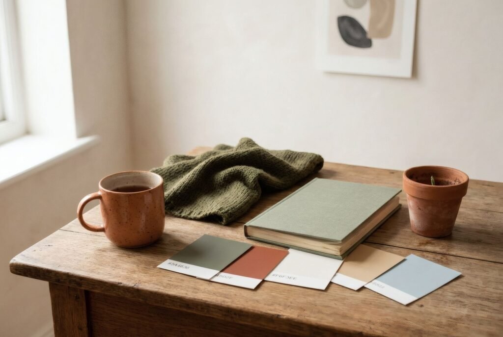 Objetos personales de una misma gama de color (taza, bufanda, libro, maceta) reunidos en una mesa con cartas de pintura