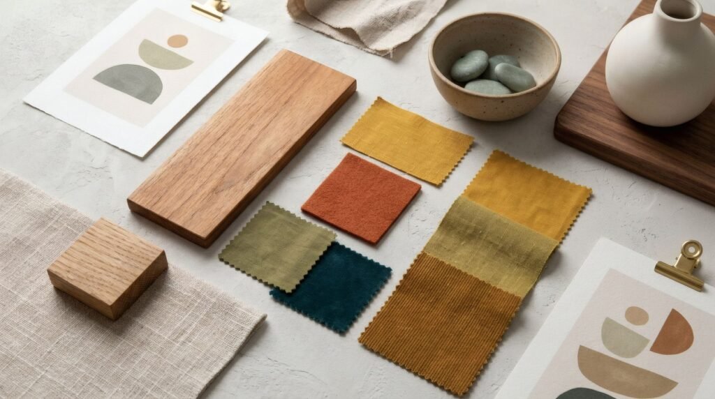 Paleta de mediados de siglo: madera de teca, mostaza, naranja quemado, oliva y turquesa, con tres mostazas distintas
