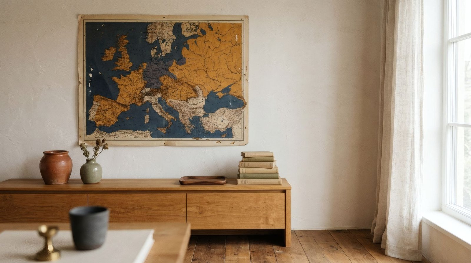 Paleta sacada de un mapa antiguo: cartas de pintura ocre, azul desvaído y sepia sobre papel envejecido