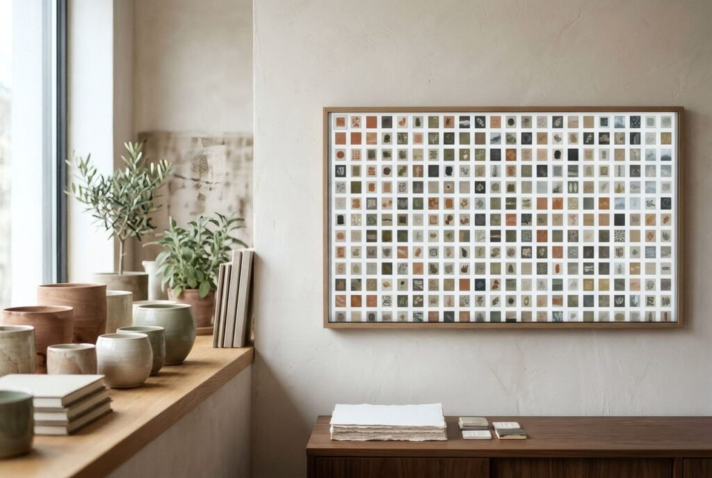 Pantalla con una cuadrícula llena de miniaturas diminutas de imágenes, difíciles de distinguir