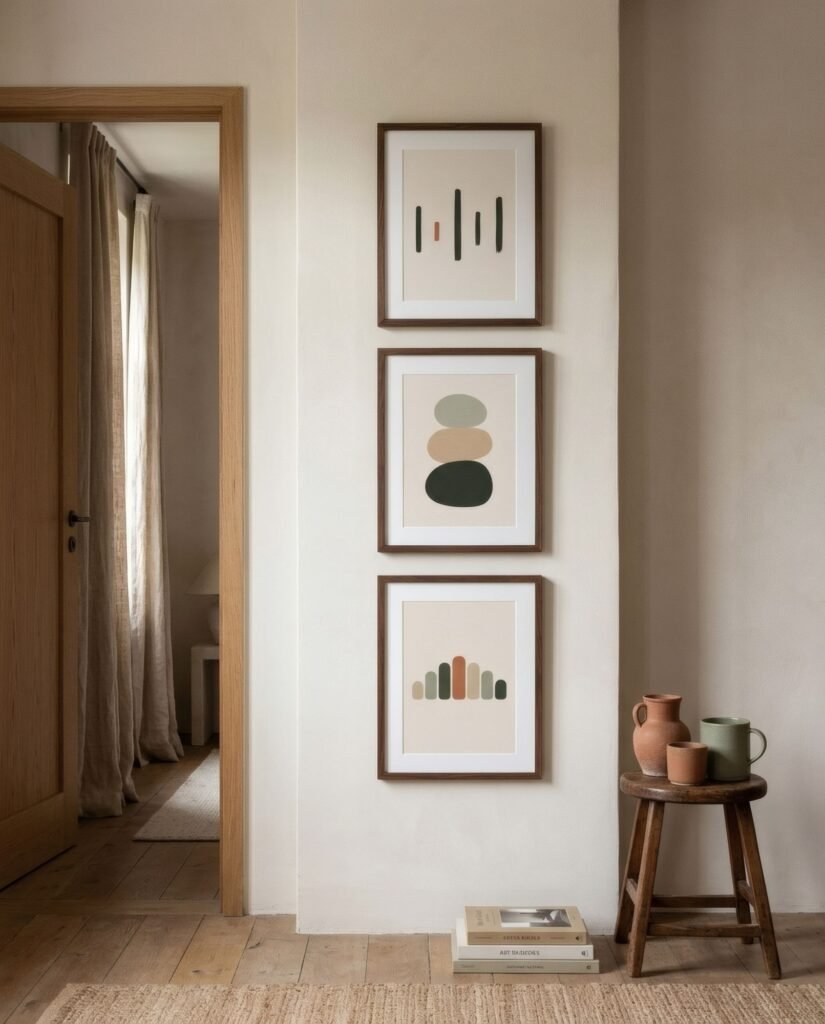 Pared alta y estrecha con una columna vertical de tres láminas botánicas idénticas, centradas sobre un mismo eje