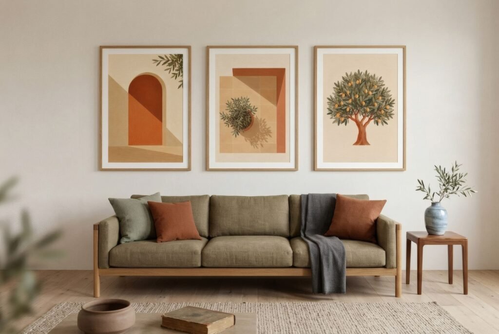Pared amplia de salón con sofá largo y un tríptico de tres láminas verticales idénticas en tonos tierra, bien espaciadas