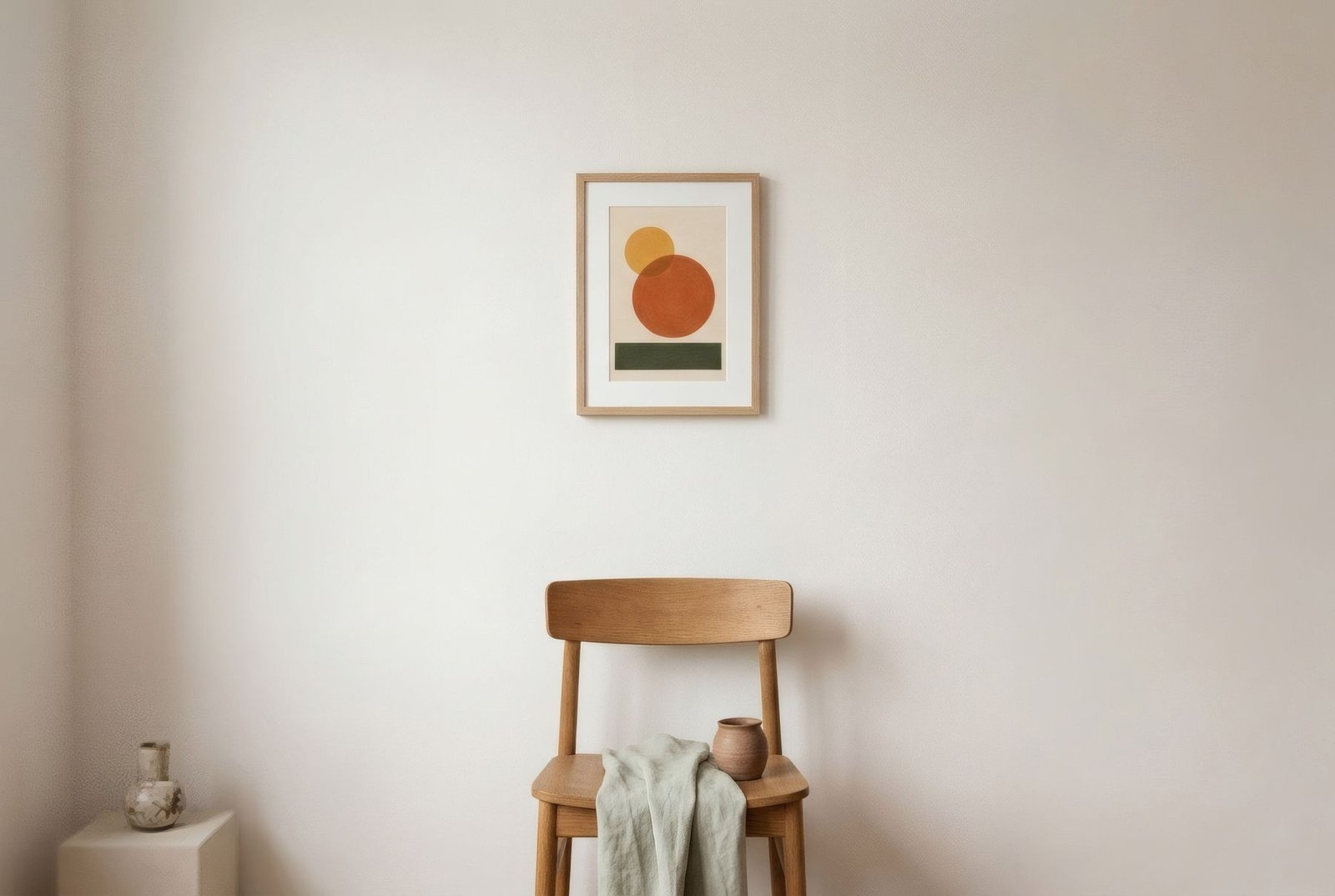 Pared amplia y serena con una sola lámina pequeña y mucho espacio vacío, con una silla de madera delante y luz de día suave