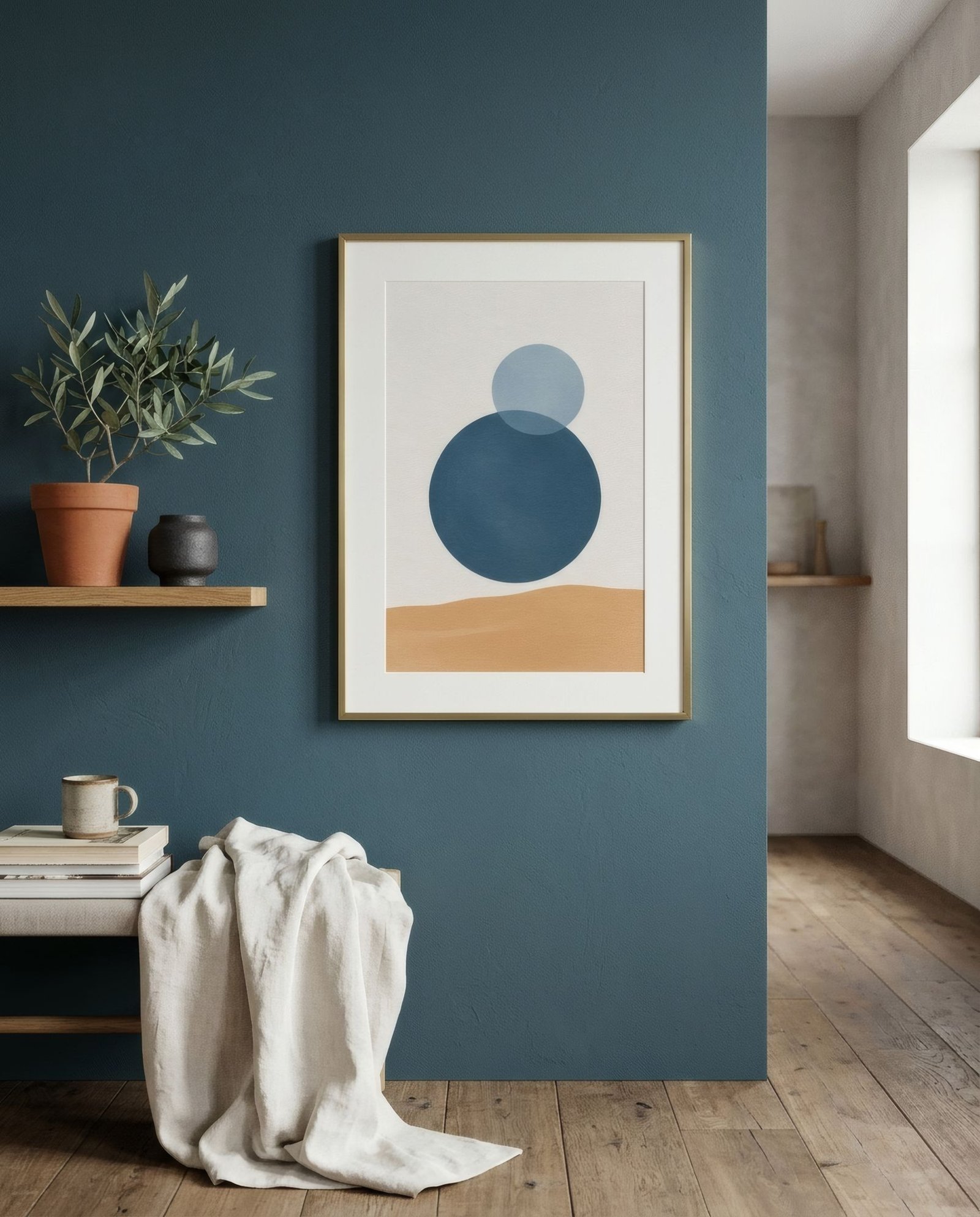 Pared azul petróleo con una lámina ocre en marco de latón