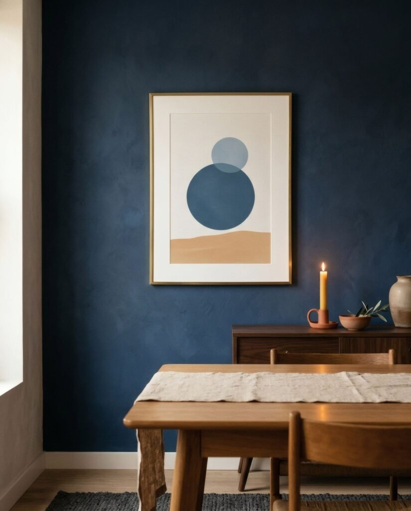 Pared azul tinta de un comedor con una lámina en marco de latón fino a la luz de las velas