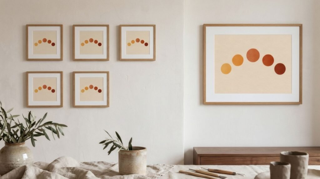 White wall: small prints spread evenly on the left, one large piece and empty space on the right