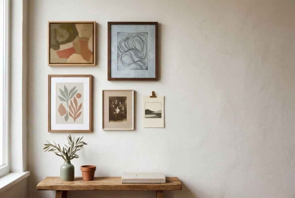 Pared con colección personal de pintura, grabado, lámina, postal y foto familiar en marcos a juego, con espacio libre