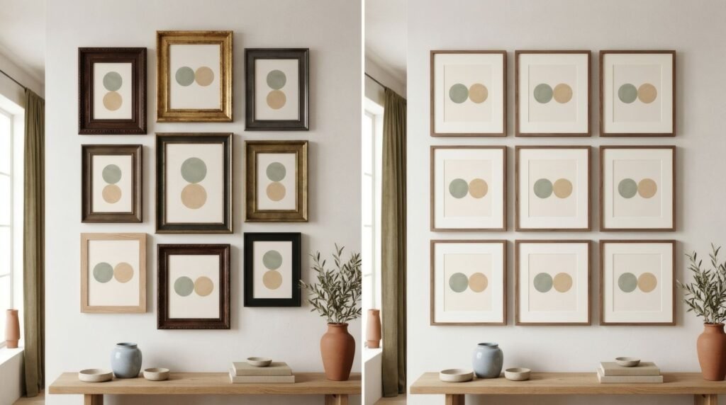 Wall of very different artworks in mismatched frames, and the same works in matching frames with white mounts