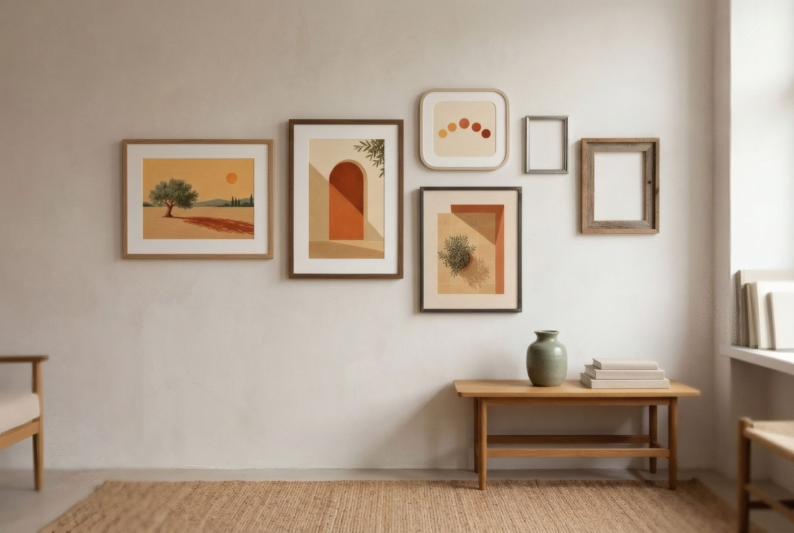 Pared con seis marcos pequeños y desiguales colgados sin orden
