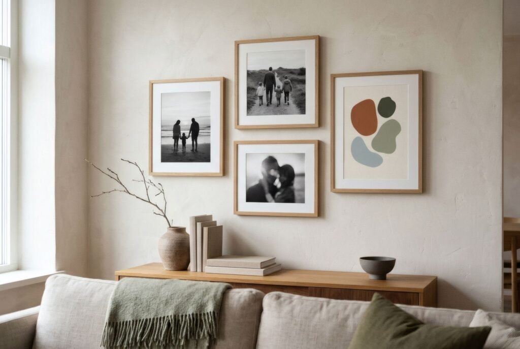 Pared con tres fotografías familiares de rostros no reconocibles y una lámina decorativa en marcos a juego